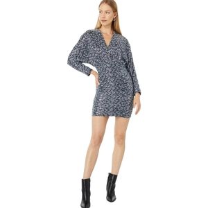 NWT Bardot Soft Blue Metallic Flora Crossover Ruched Bracelet Sleeve Dress SZ 8